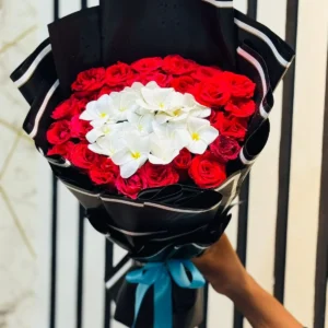 Red Rose & white Frangipani Bouquet